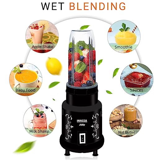 INALSA Nutri Mixer - Jiffy| Grinder & Blender | Powerful 400W Motor | 2 Speed | Unbreakable Blender Jar | Stainless steel | SS Blades | Multipurpose Jar| Made in India | 1 year Warranty | Black INALSA Nutri Mixer - Jiffy| Grinder & Blender | Powerful 400W Motor | 2 Speed | Unbreakable Blender Jar | Stainless steel | SS Blades | Multipurpose Jar| Made in India | 1 year Warranty | Black
